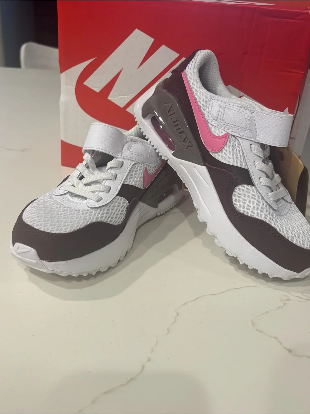 Nike Kids White and Brown Sneakers with Pink Swoosh